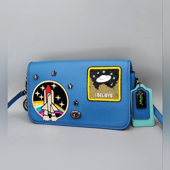 Upcycled Coach glovetanned turnlock crossbody bag w/ Space Patches. Azure Blue - Picture 3 of 14